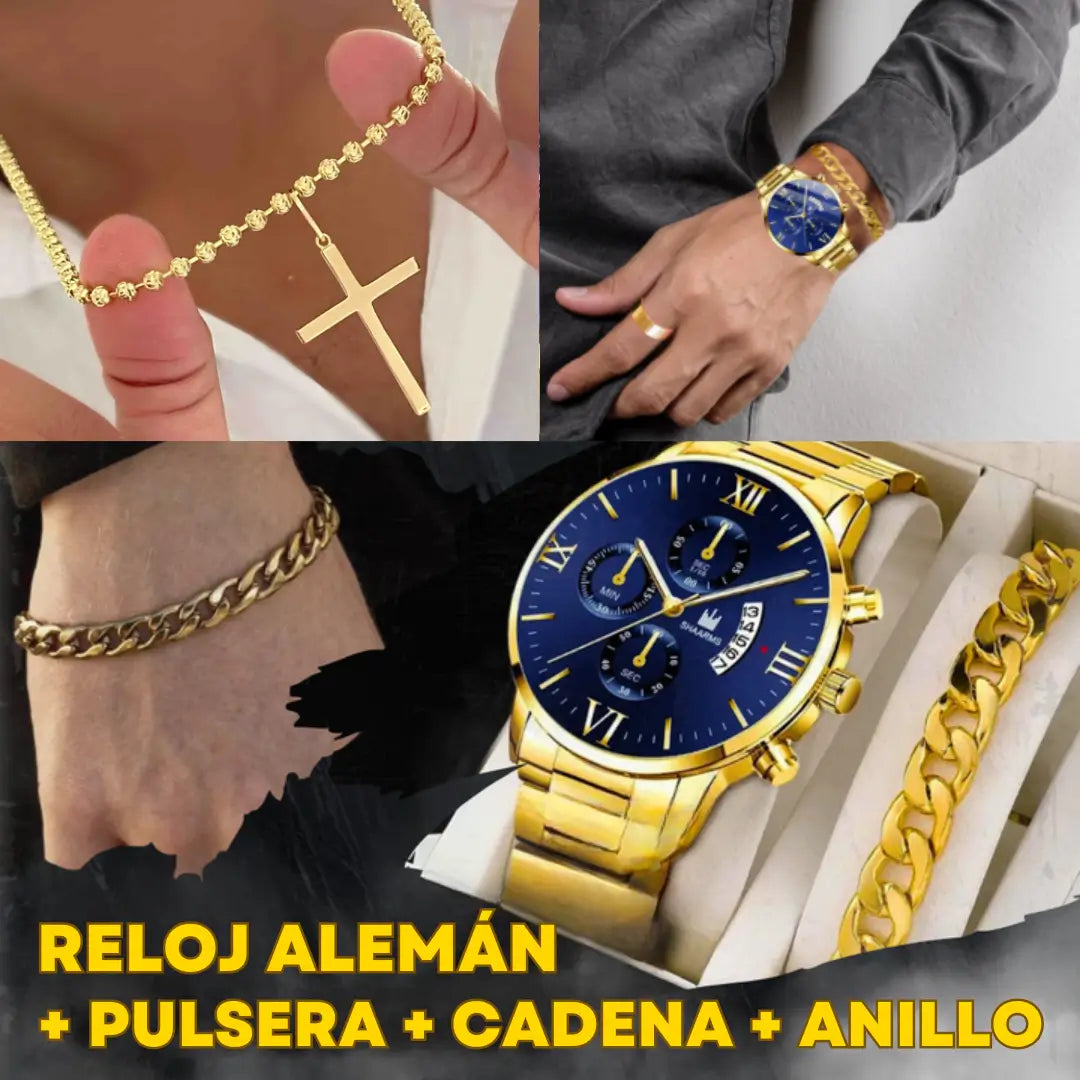 COMBO RELOJ ALEMAN DORADO + CADENA OBSEQUIO🎁 PULSERA📿 + ANILLO💍